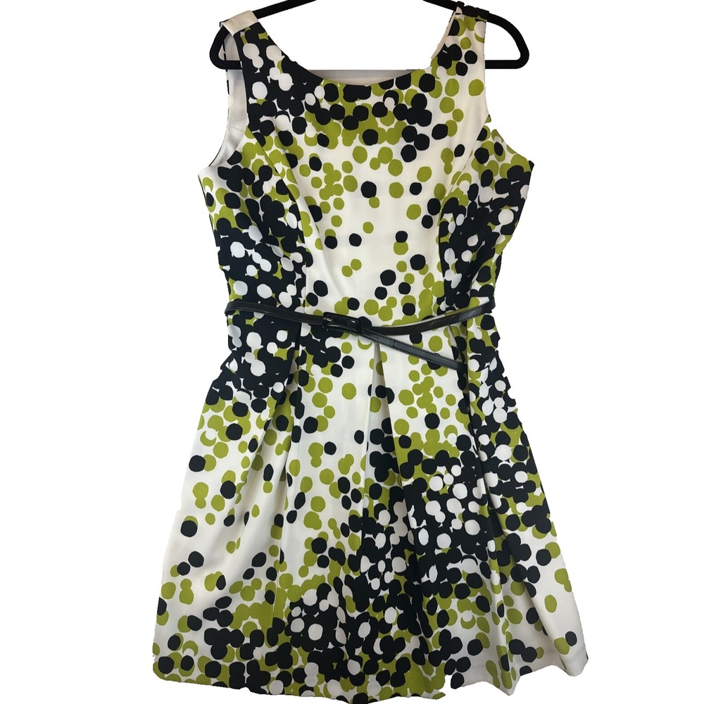 Ronni Nicole Polka Dot Fit & Flare Dress Size 14 Black White Green Belted